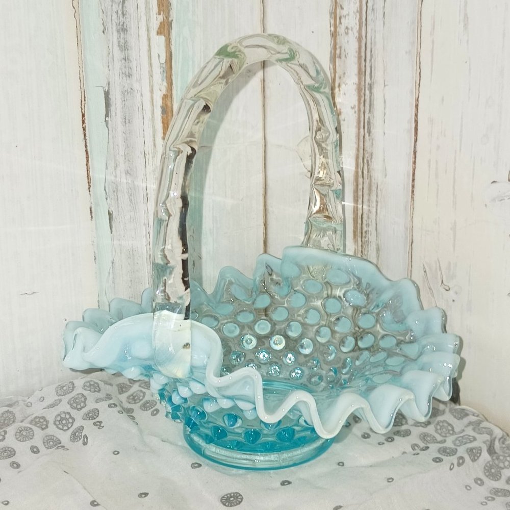 Vintage Fenton Blue Opalescent Hobnail Basket